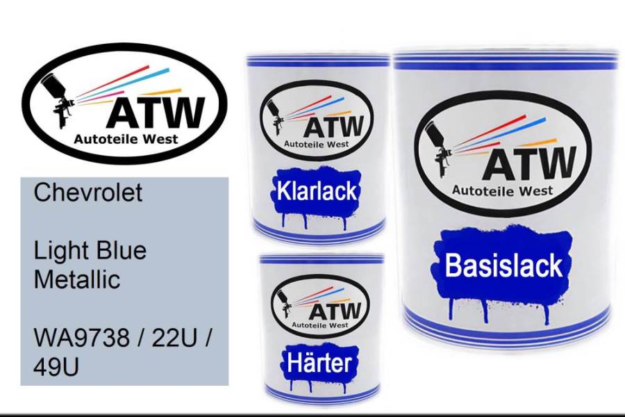 Chevrolet, Light Blue Metallic, WA9738 / 22U / 49U: 1L Lackdose + 1L Klarlack + 500ml Härter - Set, von ATW Autoteile West.